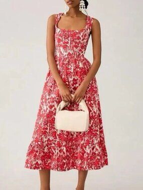 Aureta by Anthropologie Red & White Square-Neck Corset A-Line Dress -100% Cotton